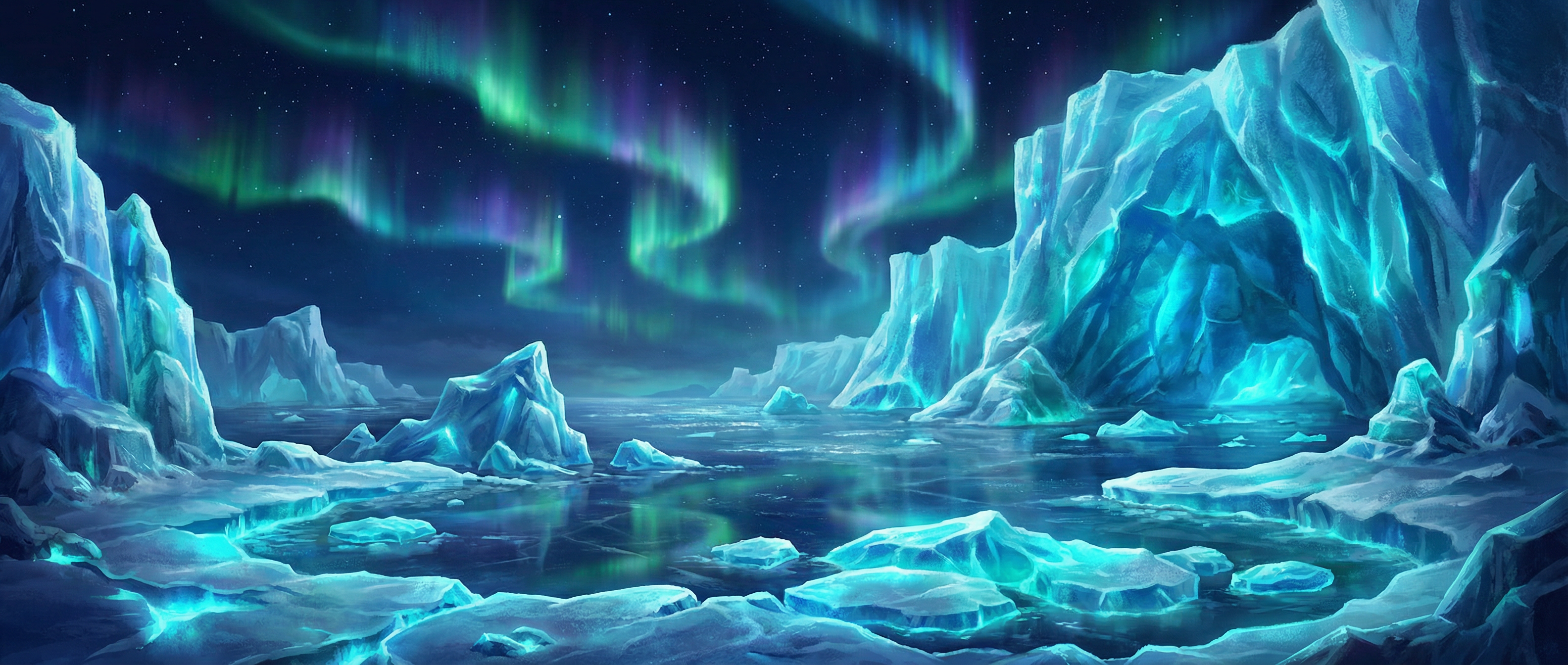 赏金女王 冰川裂隙极地背景 - 极光与冰川交汇的壮丽景象